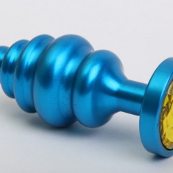 Синяя ребристая анальная пробка с жёлтым кристаллом - 7,3 см.
