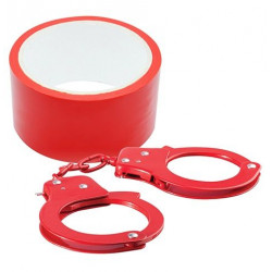 Набор для фиксации BONDX METAL CUFFS AND RIBBON: красные наручники из листового материала и липкая л