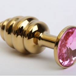 Золотистая рифлёная пробка с розовым стразом - 8,2 см.